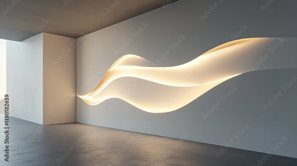 Poster sunlight streaming through a light channel on a white cement wall, creating abstract patterns and sp