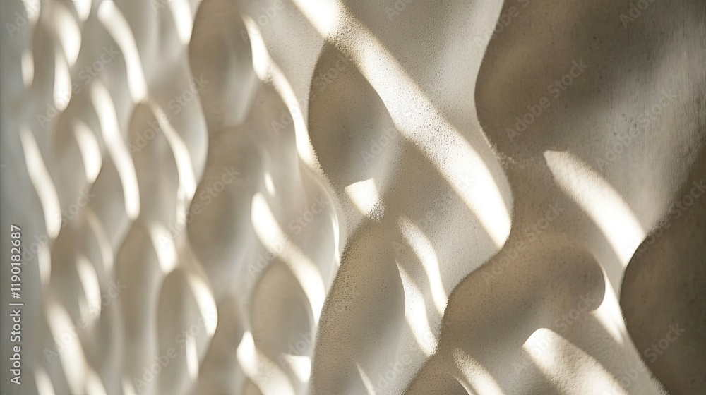 Poster sunlight streaming through a light channel on a white cement wall, creating abstract patterns and sp