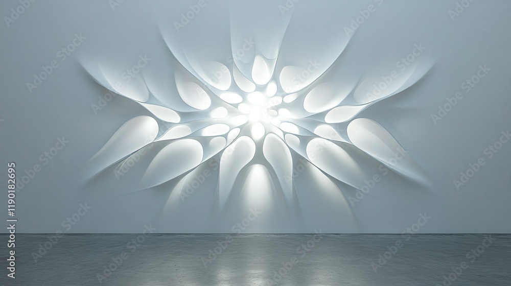 Poster sunlight streaming through a light channel on a white cement wall, creating abstract patterns and sp