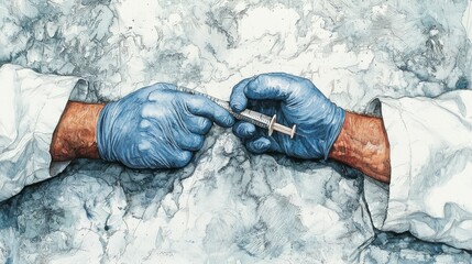 Close-up of Two Medical Professionals in Blue Gloves Handing Over a Syringe Against a Marbled Background in an Abstract and Artistic Illustration