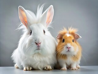 Fototapeta premium Adorable White Rabbit and Guinea Pig Portrait Photography