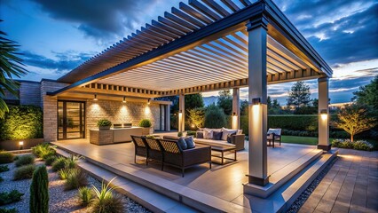 Obraz premium Aerial View: Modern Pergola with Integrated Recessed LED & Strip Lighting