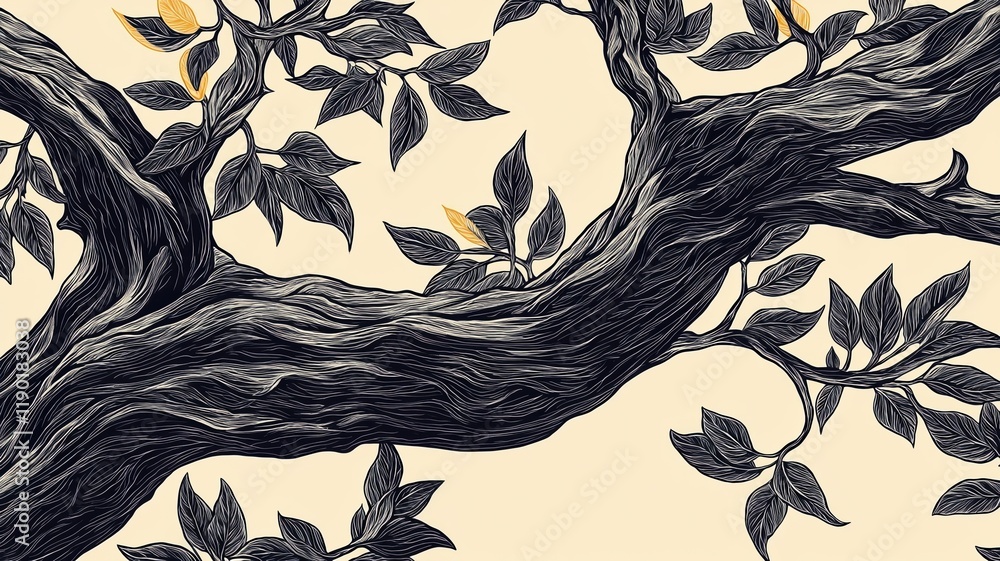 Poster sketch baobab tree concept. artistic depiction of a tree branch with leaves and subtle colors.