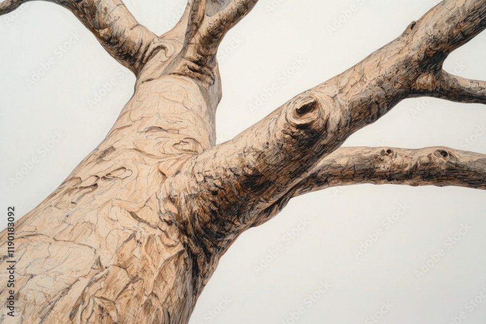 Poster sketch baobab tree concept. close-up of a textured tree trunk with visible branches.