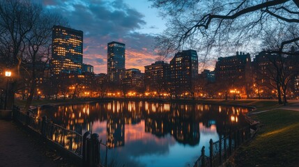 Twilight colors reflecting in still waters, creating a mirror-like effect under a glowing evening sky.