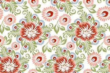 Ikat flowers seamless pattern,hand drawn seamless pattern on white background 