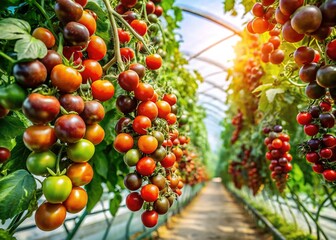 Aerial View of Black Cherry Tomatoes Growing in Summer Greenhouse