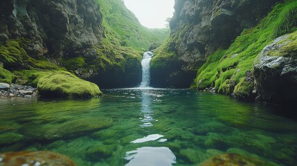 Emerald pool and waterfall nested between mossy cliffs creates a serene natural scene