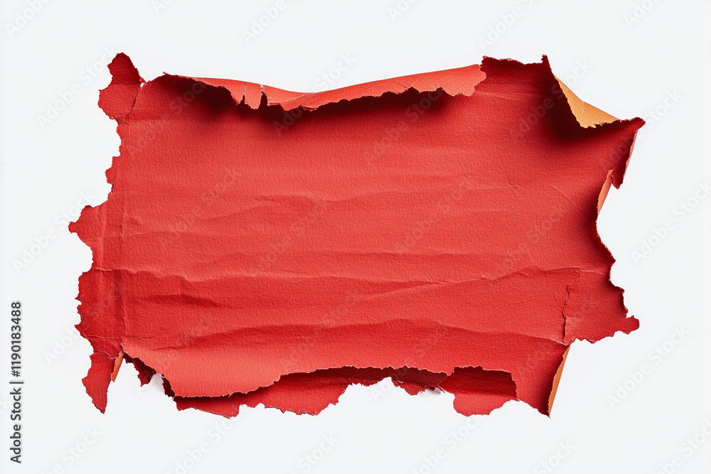 Poster red paper with a hole in it. the paper is torn and ripped, and the hole is in the middle of it. the 