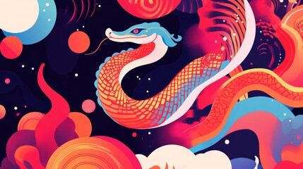 Fototapeta premium Chinese New Year vector design cards. 2025 year of the Snake. Lunar new year concept. Geometric modern vector with abstract forms, gradients, snakes. Design for calendar, cover, flyer.