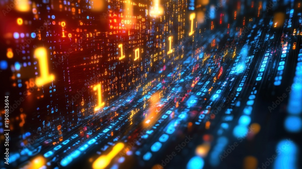 Poster digital stream: a mesmerizing visual representation of binary code flowing through a digital landsca