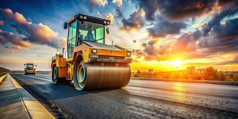 Aerial View of Road Roller Compacting Asphalt on Construction Site