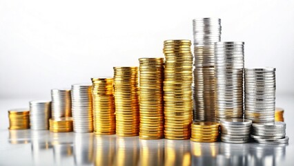 Aerial View of Silver and Gold Coins Stacked in Columns, Illustrating RRSP Growth and Retirement Savings