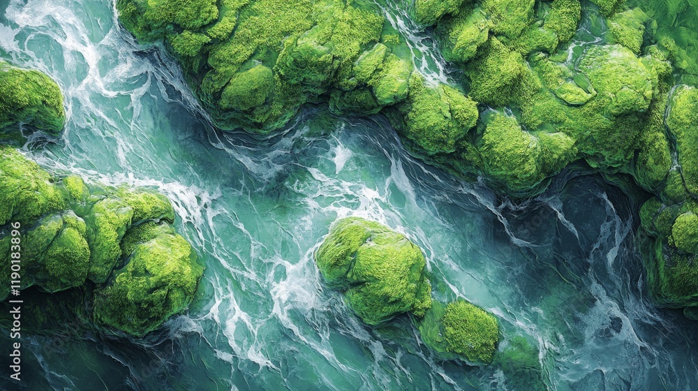 Poster aerial view of a vibrant green moss covered rocky riverbed with turquoise clear waters flowing swift