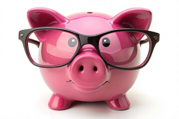 Aerial View Piggy Bank Wearing Glasses, White Background Savings Concept