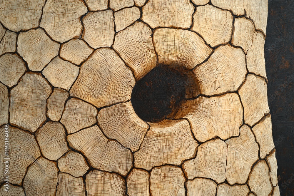 Poster sketch baobab tree concept. textured surface with a dark circular hole and cracked pattern.