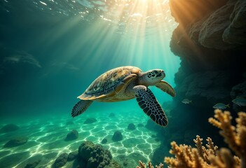Obraz premium Green sea turtle navigating through sparkling turquoise water