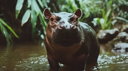 Fototapeta premium Close-Up of Hippopotamus in Natural Habitat Surrounded by Plants