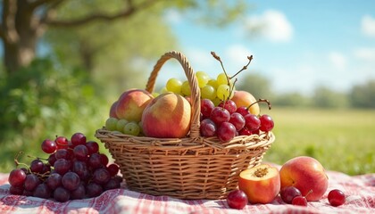 Picnic basket with fresh fruit, grapes, and peaches. Concept of healthy eating and outdoor recreation.