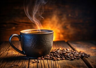 Fototapeta premium Aromatic Black Coffee in Rustic Ceramic Mug - Copy Space