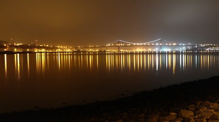 Obraz premium Serene Night View of a Bridge Illuminated by City Lights Reflection