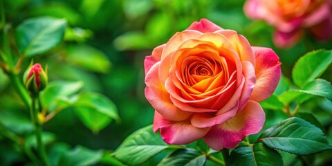 A close-up of a rose flower with lush green leaves framing it from all sides