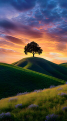 Majestic Lone Tree on a Hill at Sunset with Vibrant Sky and Shadows
