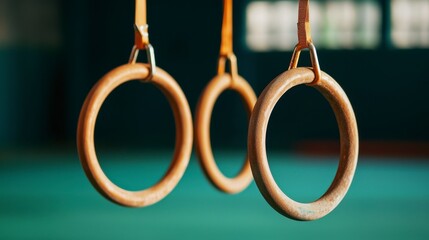 Wooden Gymnastics Rings Hanging in a Brightly Lit Indoor Gym Space with Soft Focus Background, Ideal for Fitness and Strength Training Promotion