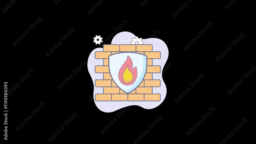 Poster a stylized firewall icon with a shield and flame on a textured background.