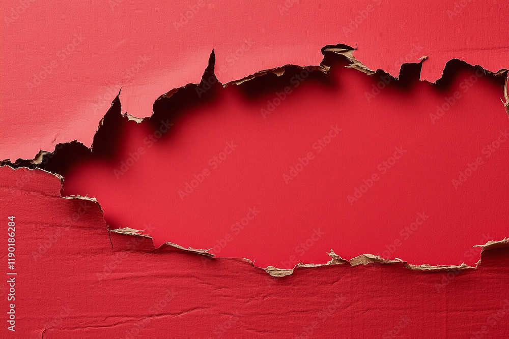 Poster red paper with a hole in it. the paper is torn and has a rough texture