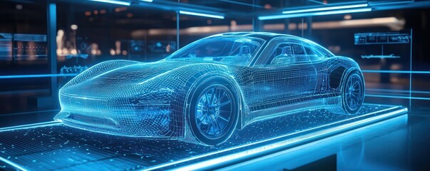 Fototapeta premium Hyper-realistic background in AR shows a futuristic car's front in blue wireframe.