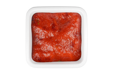 3d Ketchup sauce icon. Fast food sauce concept. Minimal Cartoon Ketchup Tomato Ramekin sauce red bottle packaging mockup food product icon creative isolated on transparent background. PNG. 3d render.