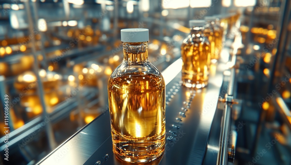 Poster automated liquid filling: bottles conveyed on a modern production line, ensuring efficient and preci