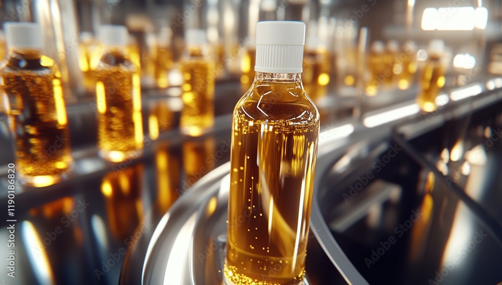 Poster automated bottling line: liquid filling, capping, and conveying system in action