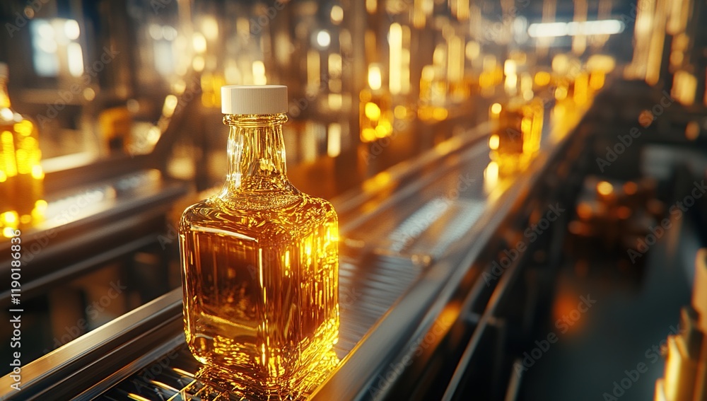 Poster automated bottling line: liquid gold flows smoothly on conveyor belts in factory setting