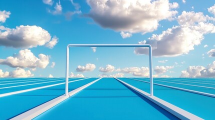 Fototapeta premium Vast Blue Background with Stripes and a Goalpost Standing Under a Bright Sky with Fluffy Clouds, Perfect for Sports and Competition Themes