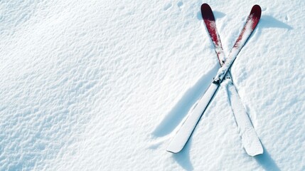 Crossed skis resting on fresh, untouched snow in a winter landscape, showcasing the beauty of winter sports and the thrill of skiing in a serene environment