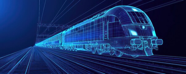 Blue wireframe design emphasizing the sleek, streamlined form of a train on rails.