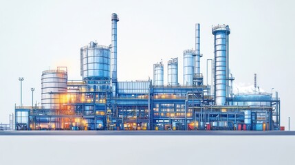 Industrial complex, refinery, factory, at night.