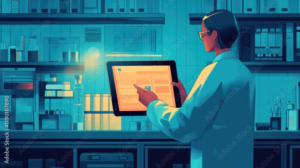 Poster scientist reviewing data on tablet in lab.