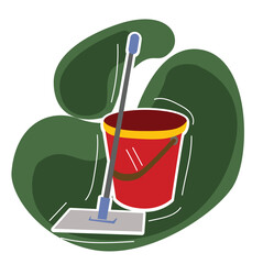 Mop and bucket.One  rectangular floor mop with long handle cleans tile on the floor 