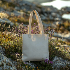 A tote bag mockup with eco-friendly branding on a natural background
