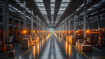 Obraz premium Warehouse operations overview industrial setting photography nighttime wide-angle efficiency in logistics
