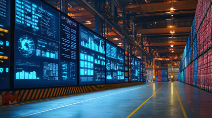 Data visualization action in high-tech warehouse industrial environment futuristic viewpoint for enhanced insights
