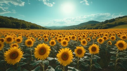 Fototapeta premium A vibrant sunflower field under a clear blue sky.