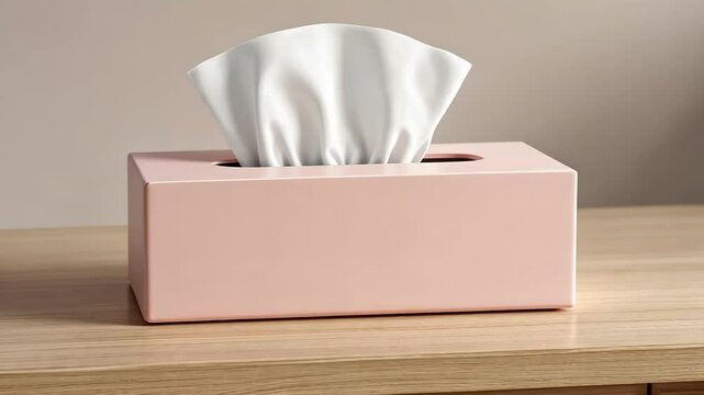 A pink tissue box with tissues partially pulled out, placed on a wooden surface.