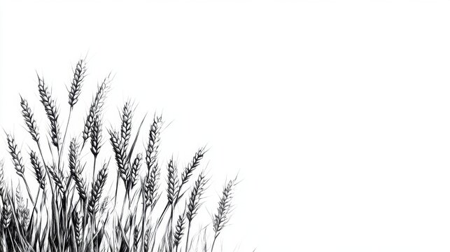Monochromatic Wheat Field Sketch: A study in grayscale depicting a lush wheat field against a stark white background.