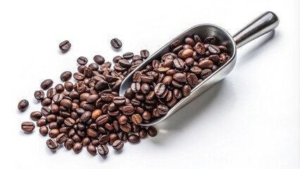 Fototapeta premium A metal scoop overflowing with aromatic roasted coffee beans, spilling onto a pristine white surface, showcasing the rich brown hues and enticing texture of freshly harvested coffee