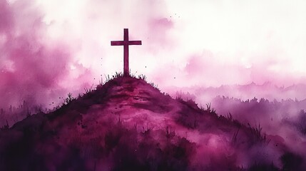 Obraz premium A simple watercolor painting of a cross on a hill with a dotted background in purple tones