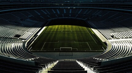 Fototapeta premium An aerial view of an empty stadium with perfectly arranged seating rows, showcasing the large, open space with no people